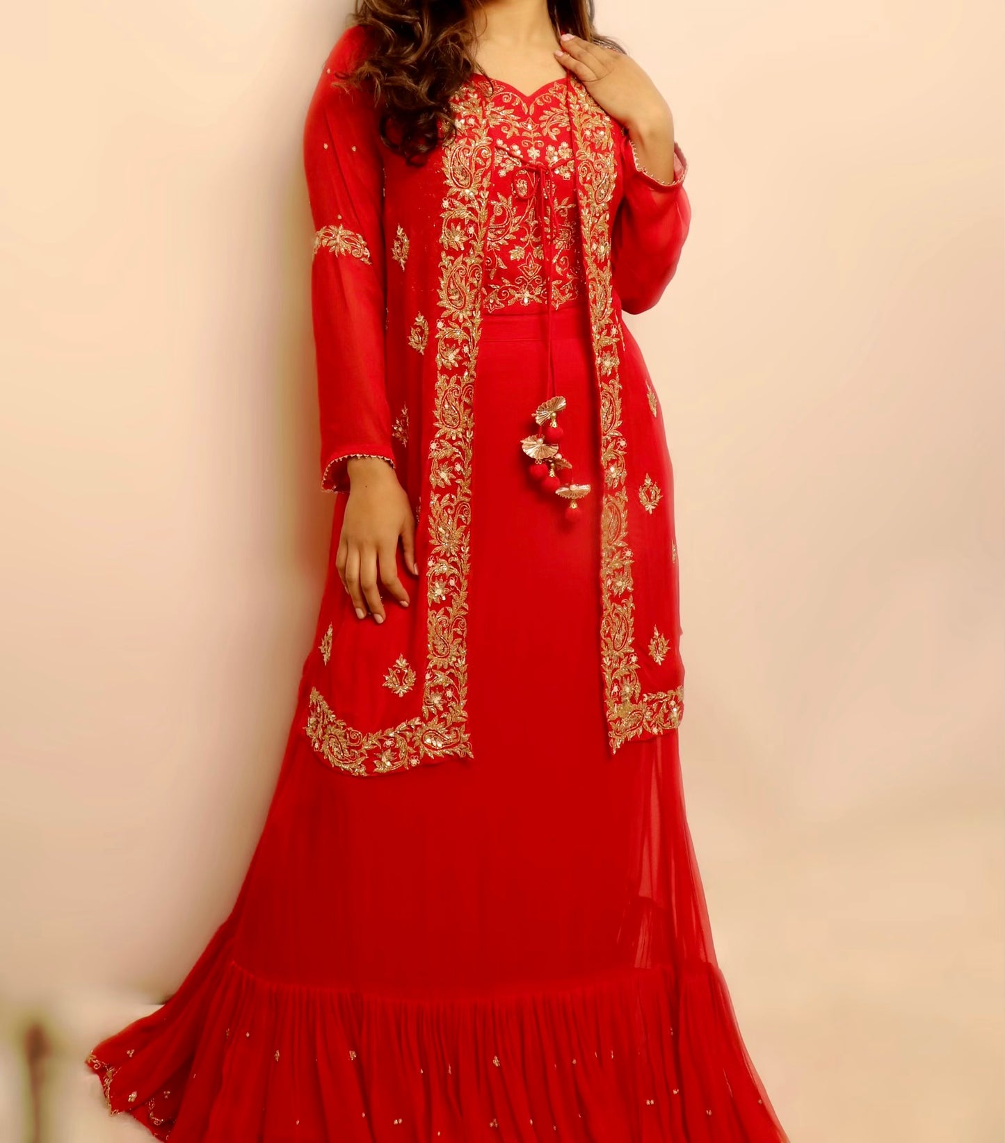 Red short duster style lehenga