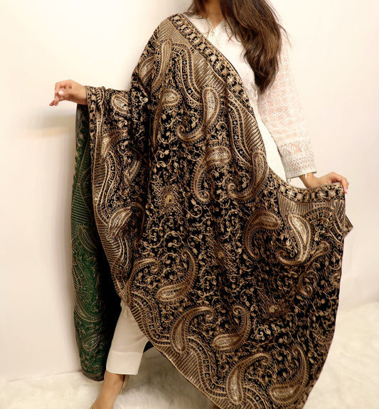 Deep emerald green heavy embroidered shawl