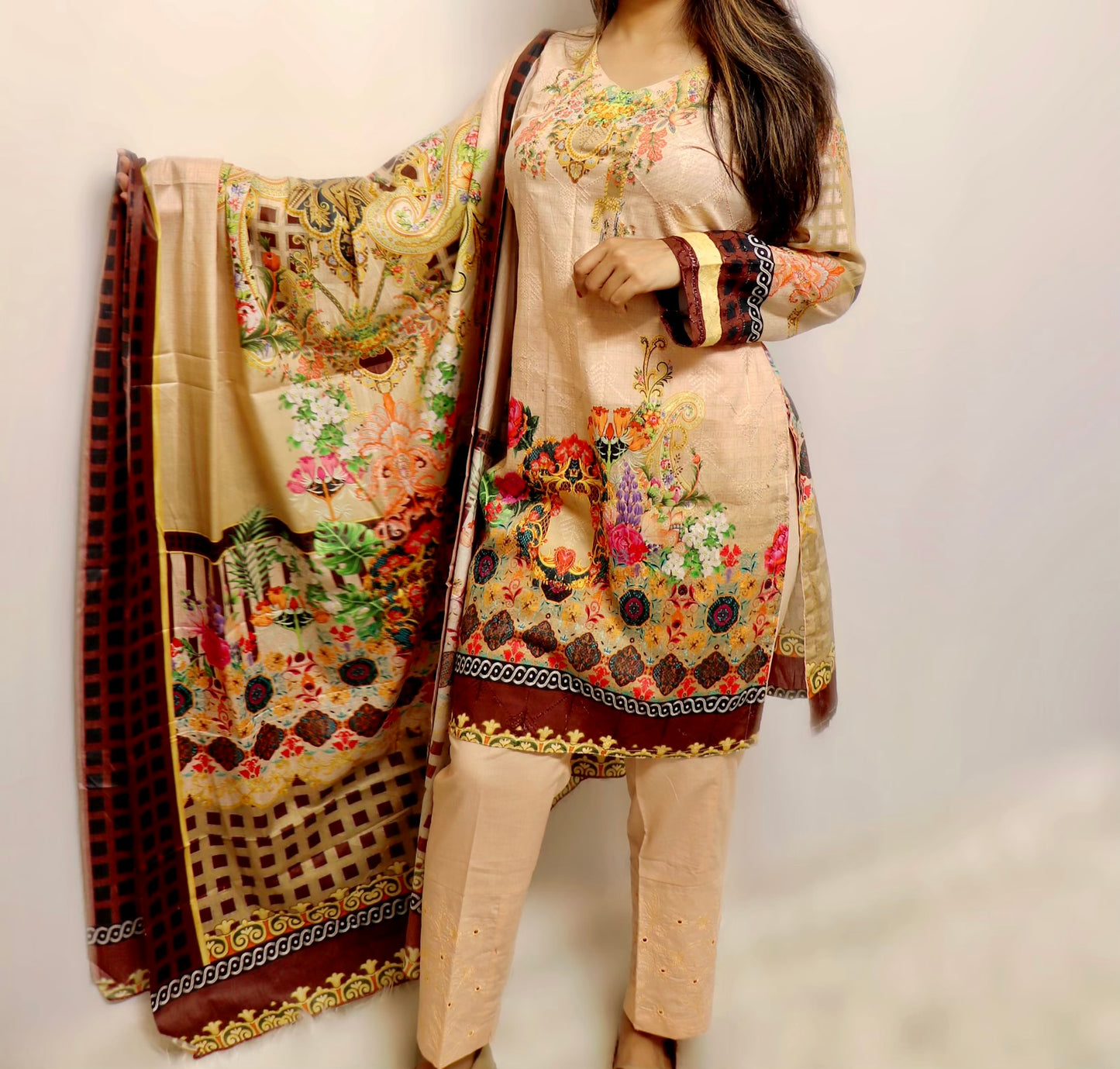 Light peach embroidered lawn suit