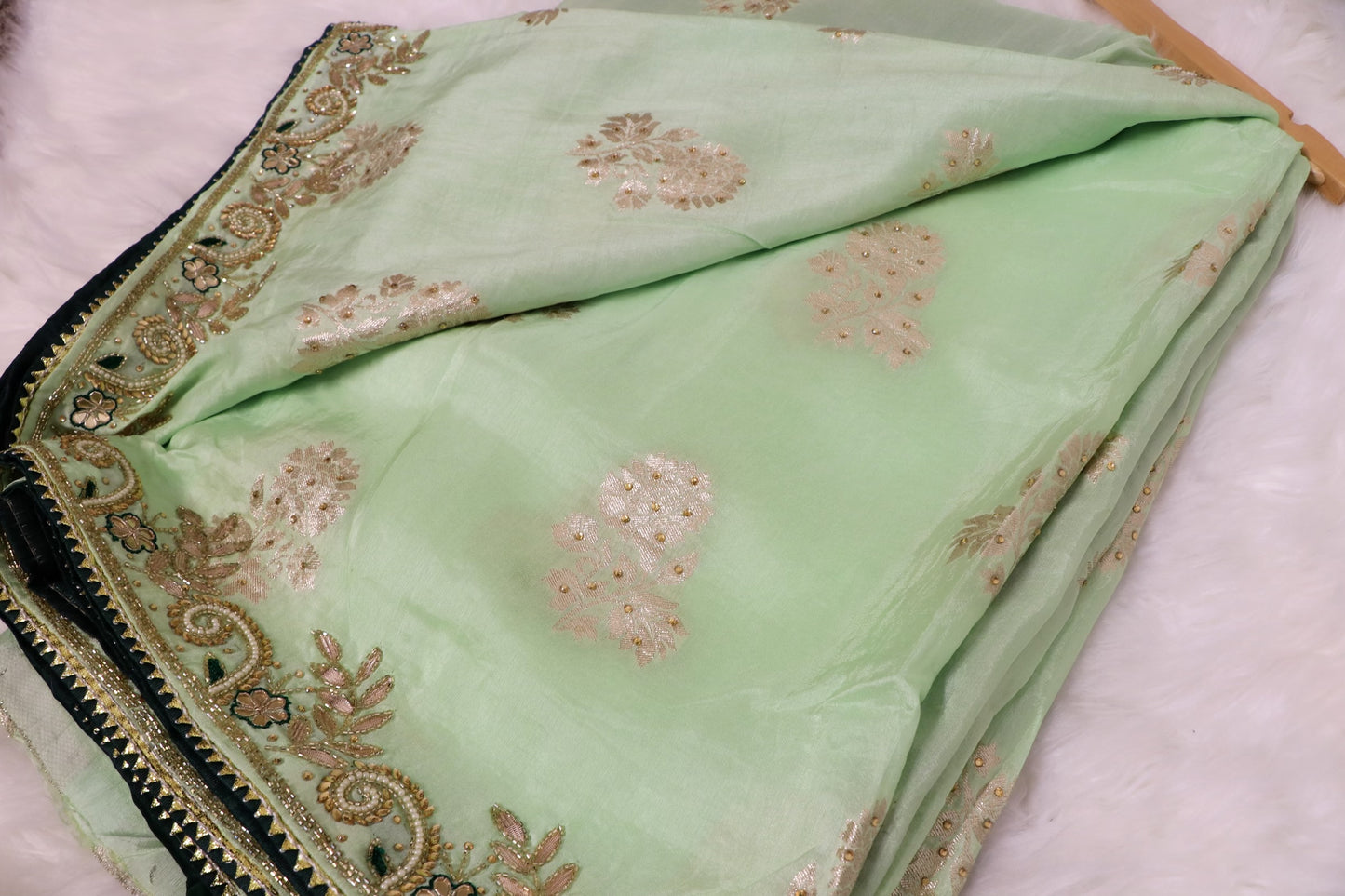 Khaddi katan lime green with stone work saree