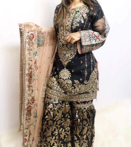 Black organza net gharara suit