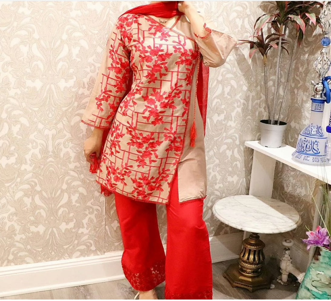 Cotton embroidered red salwar suit - Selina Habibti Attire