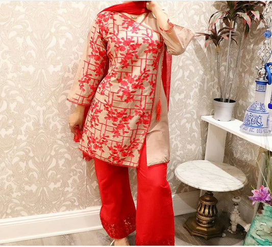 Cotton embroidered red salwar suit - Selina Habibti Attire