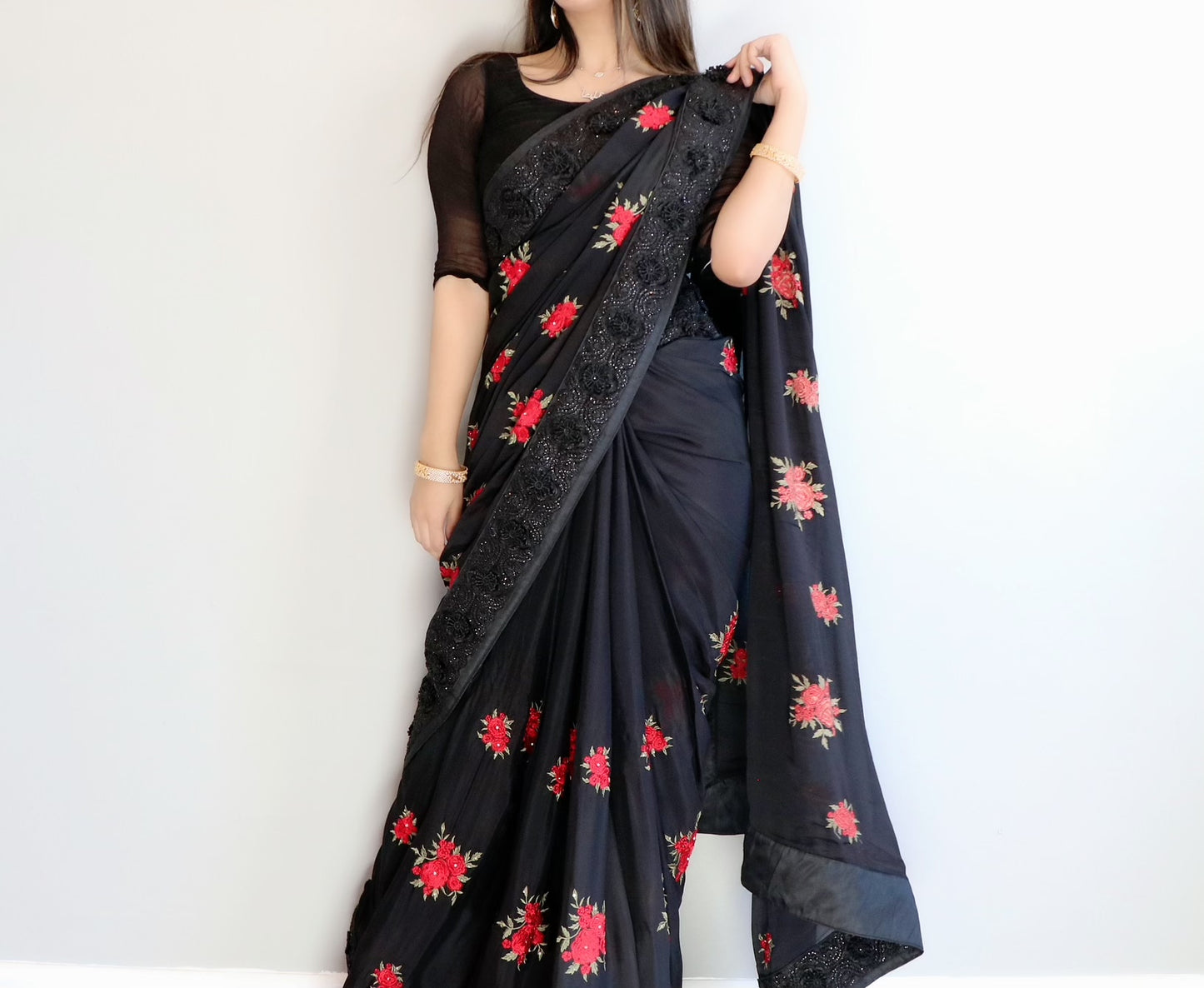Black silk floral saree - Selina Habibti Attire