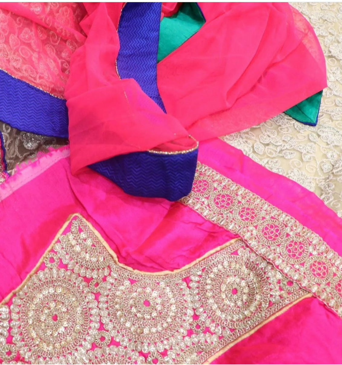 Lehenga cream, blue and pink combo - Selina Habibti Attire