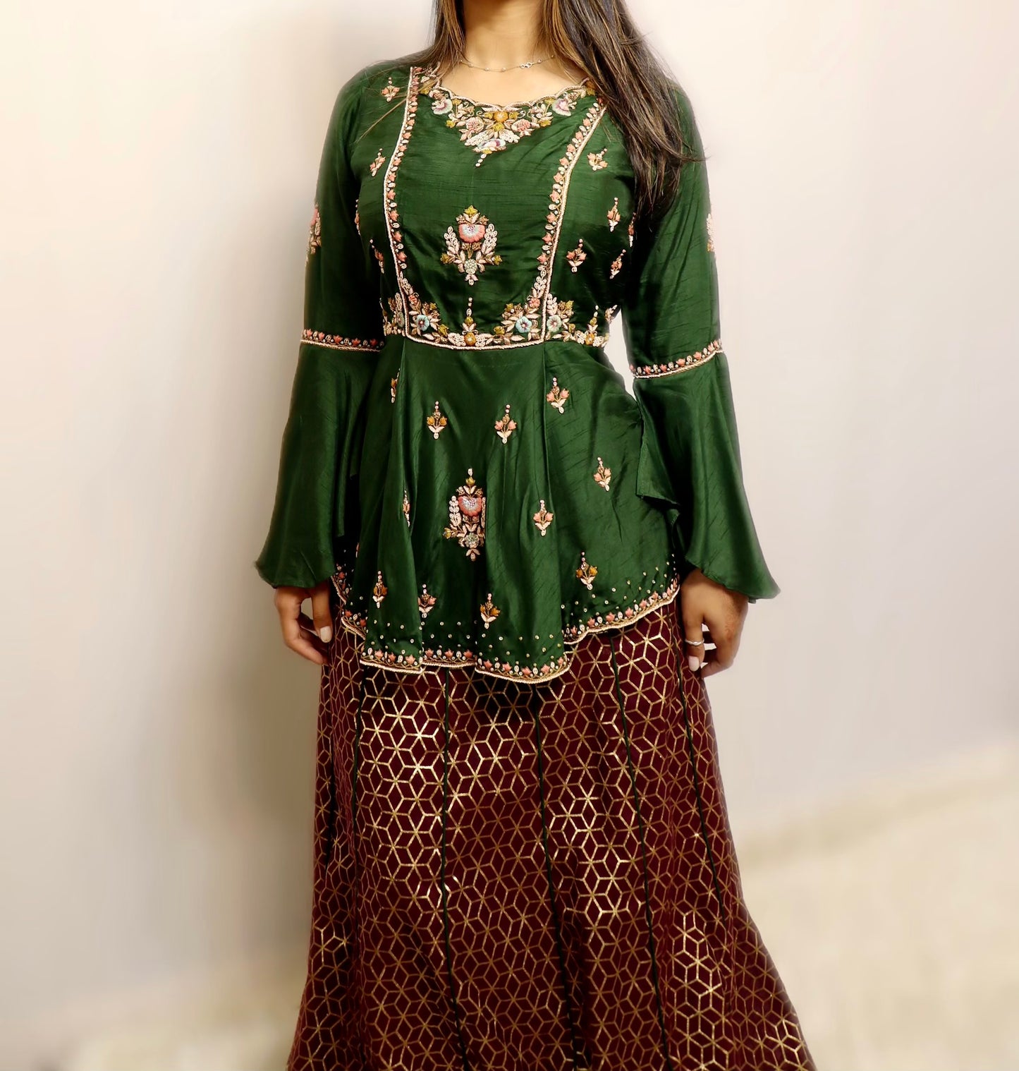 Emerald green party wear two piece