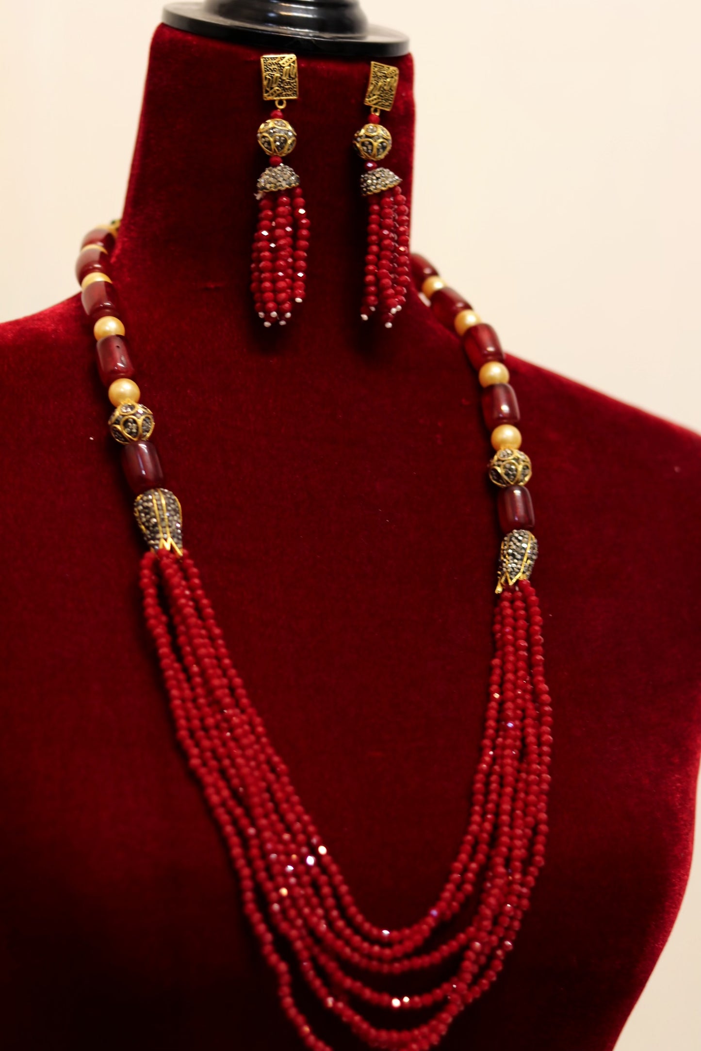 Maroon beaded swarovski stone long necklace set