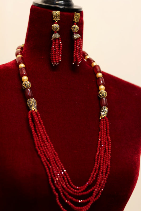 Maroon beaded swarovski stone long necklace set