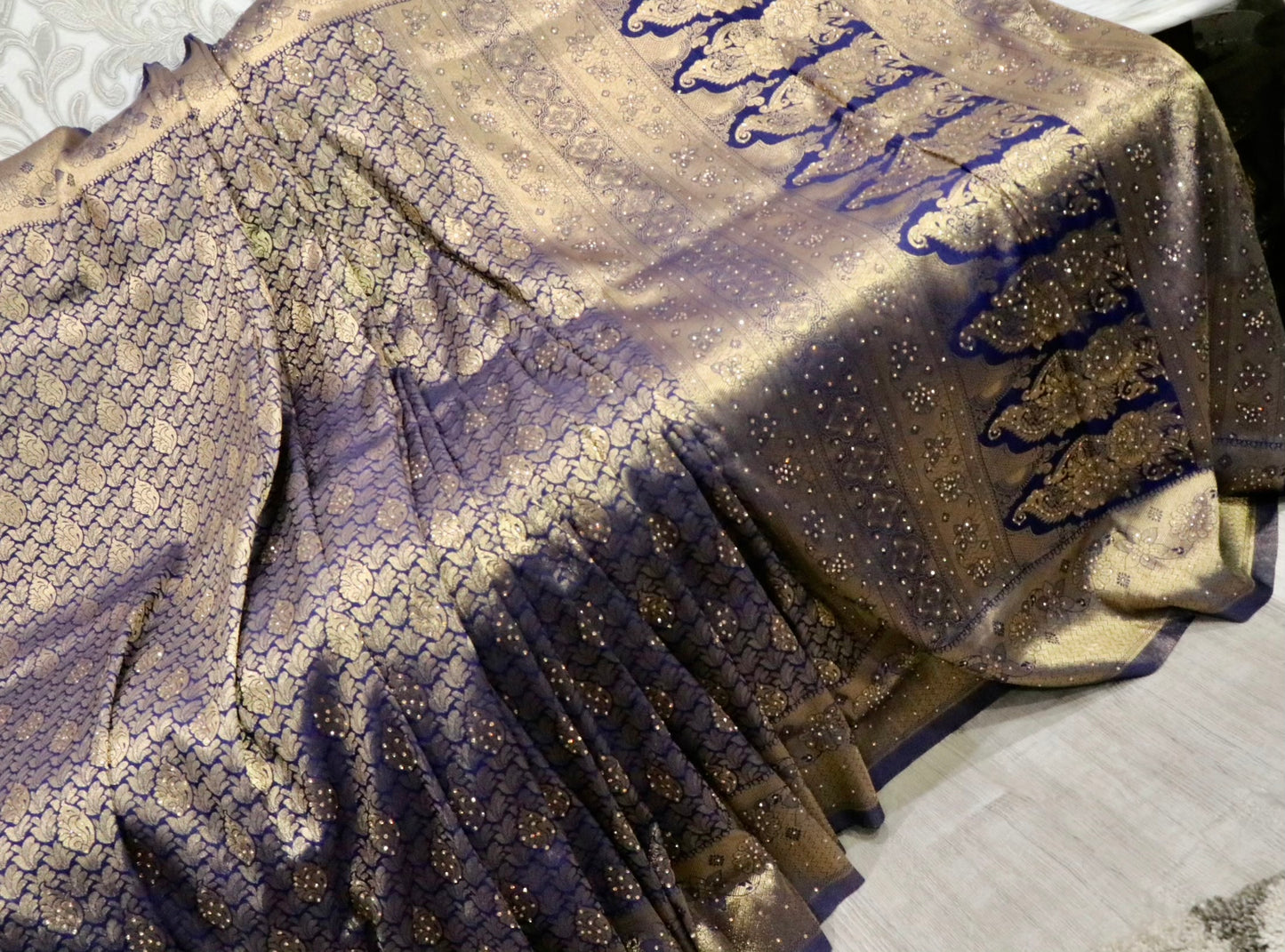 Bridal navy blue silk stone work katan - Selina Habibti Attire