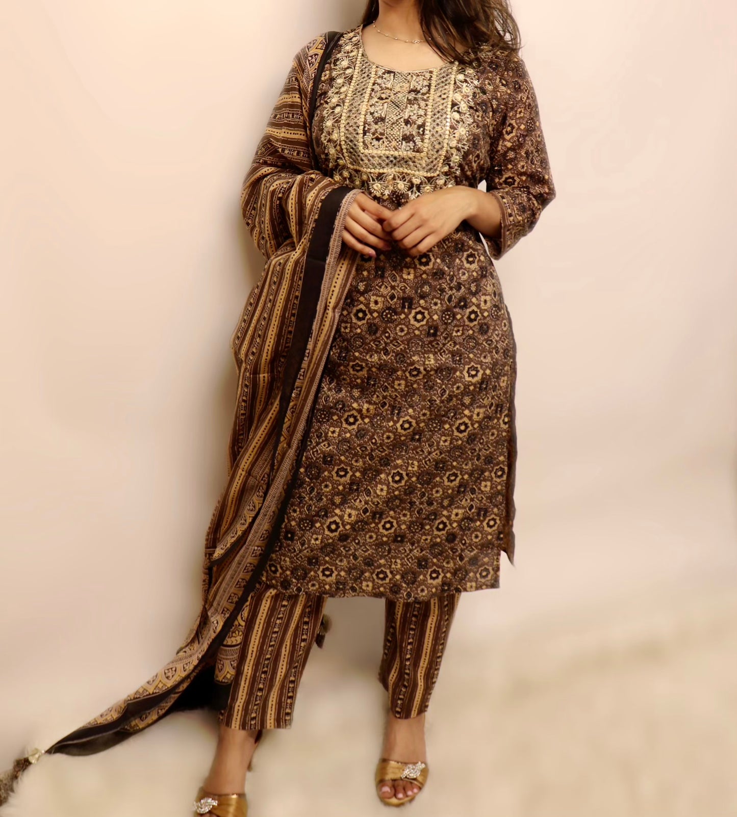 Black and brown printed cotton suit