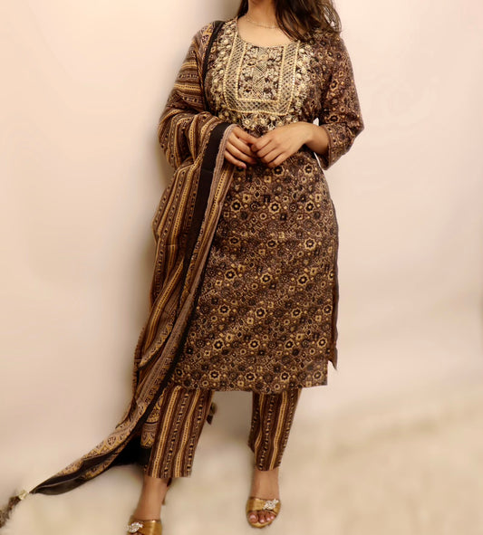 Black and brown printed cotton suit