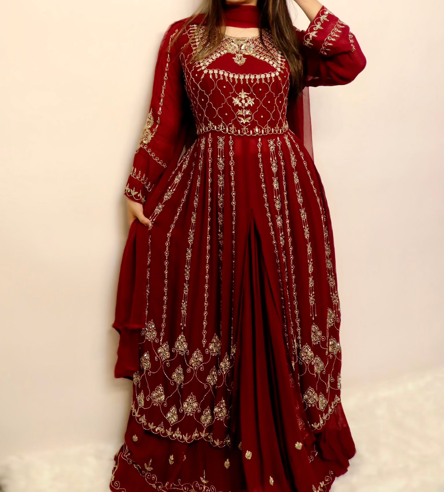 Maroon heavy beaded slit anarkali lehenga