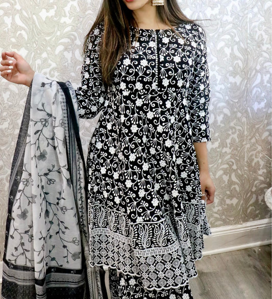 Black and white chikankari detailed sharara suit