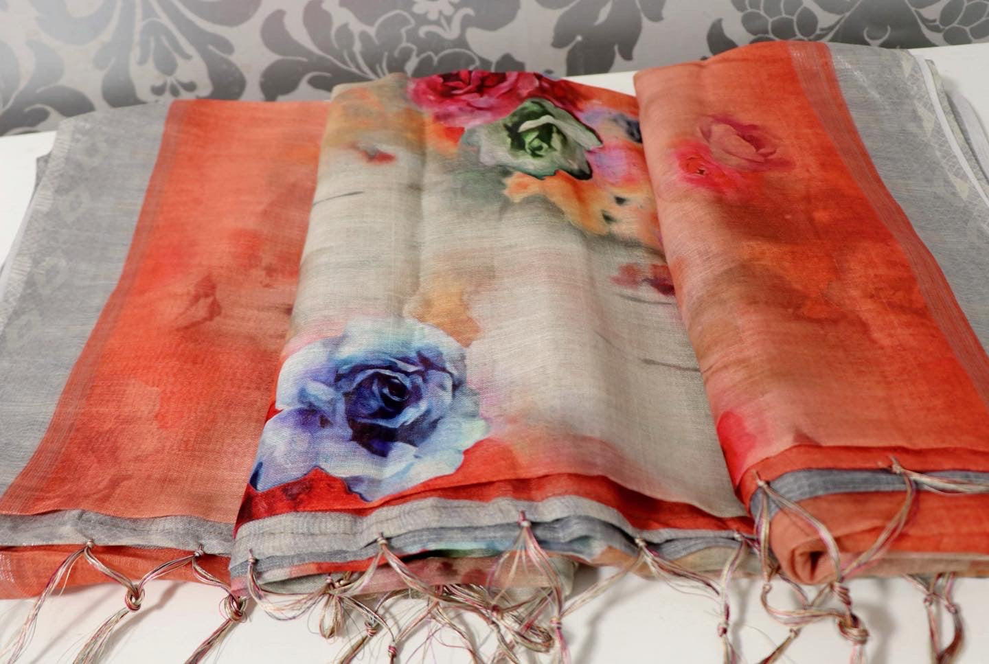 Peach floral soft muslin saree