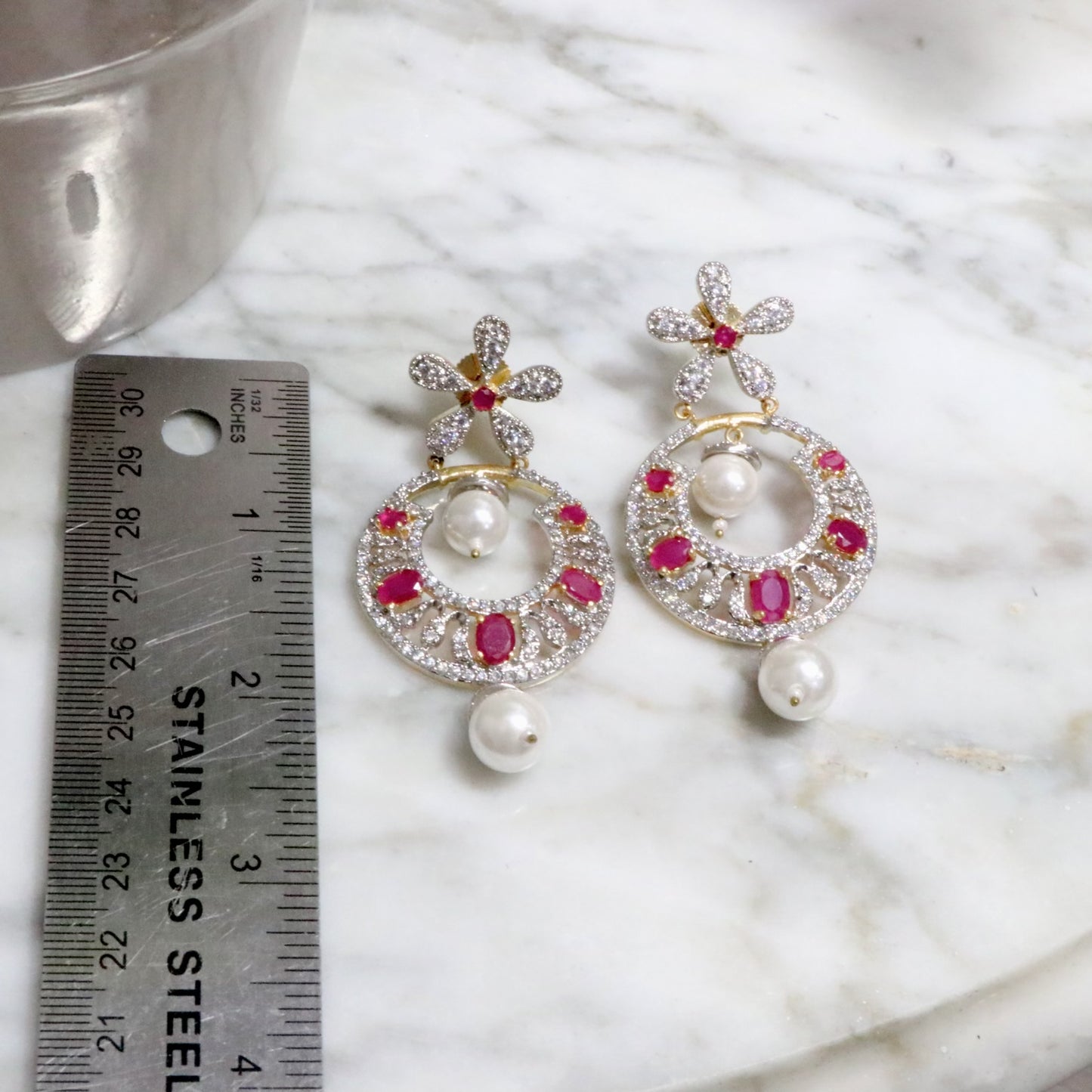 Magenta and pearl AD earrings - Selina Habibti Attire