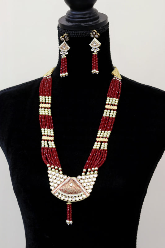 Burgundy pearl bead long necklace set