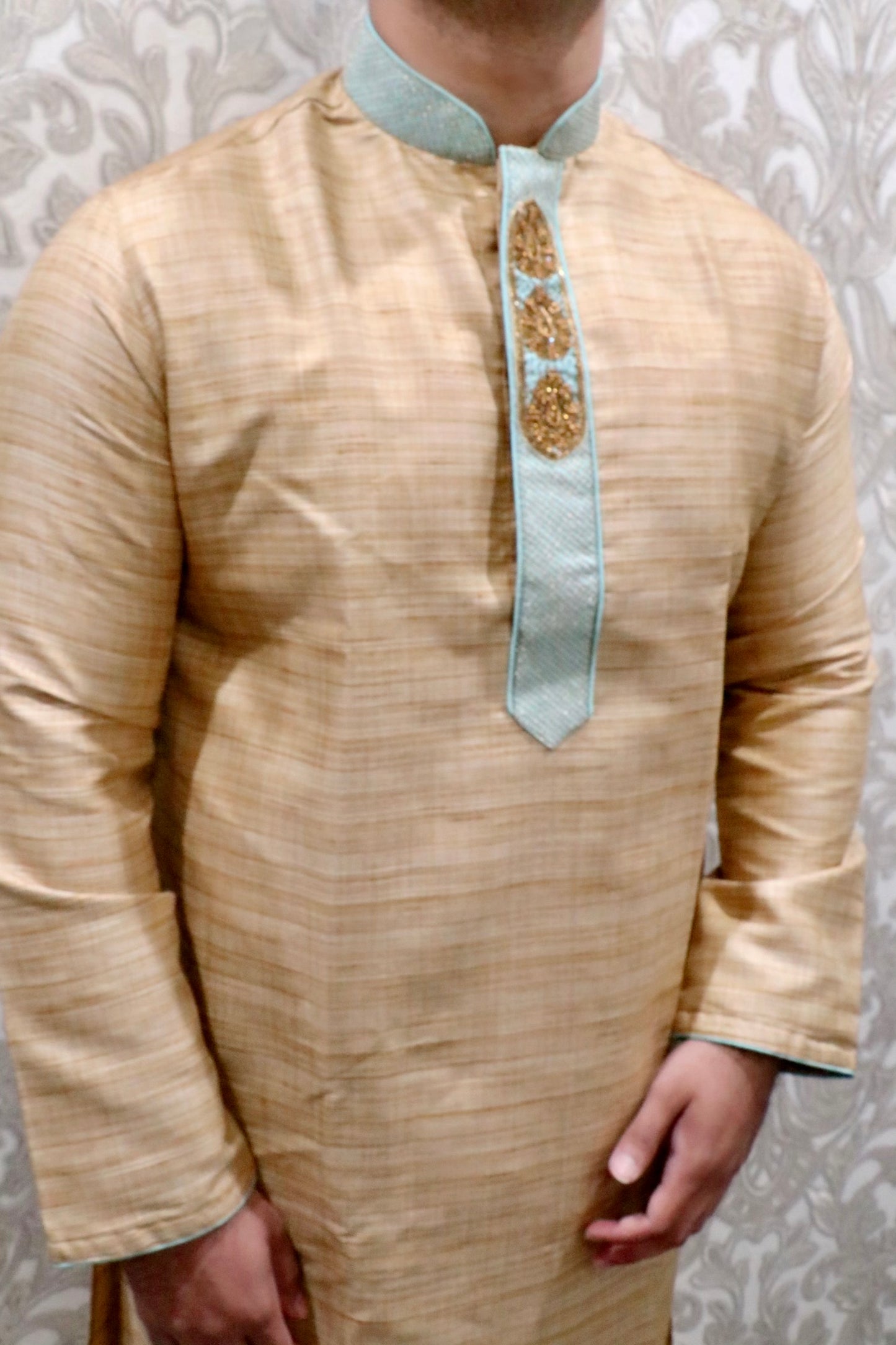 Soft raw silk mint collar Kurta - Selina Habibti Attire
