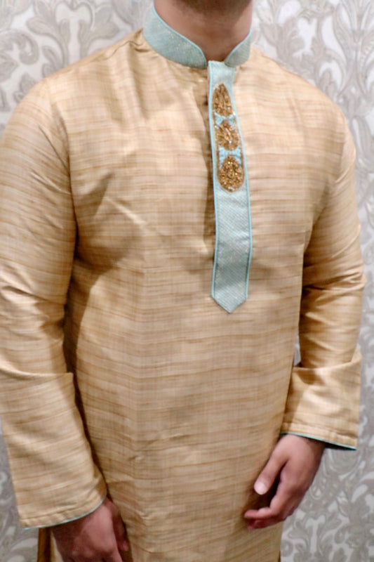 Soft raw silk mint collar Kurta - Selina Habibti Attire