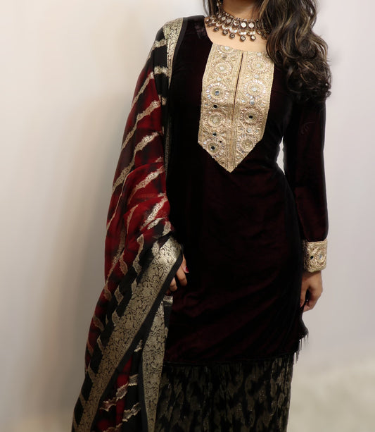 Dark maroon velvet suit with georgette banarasi