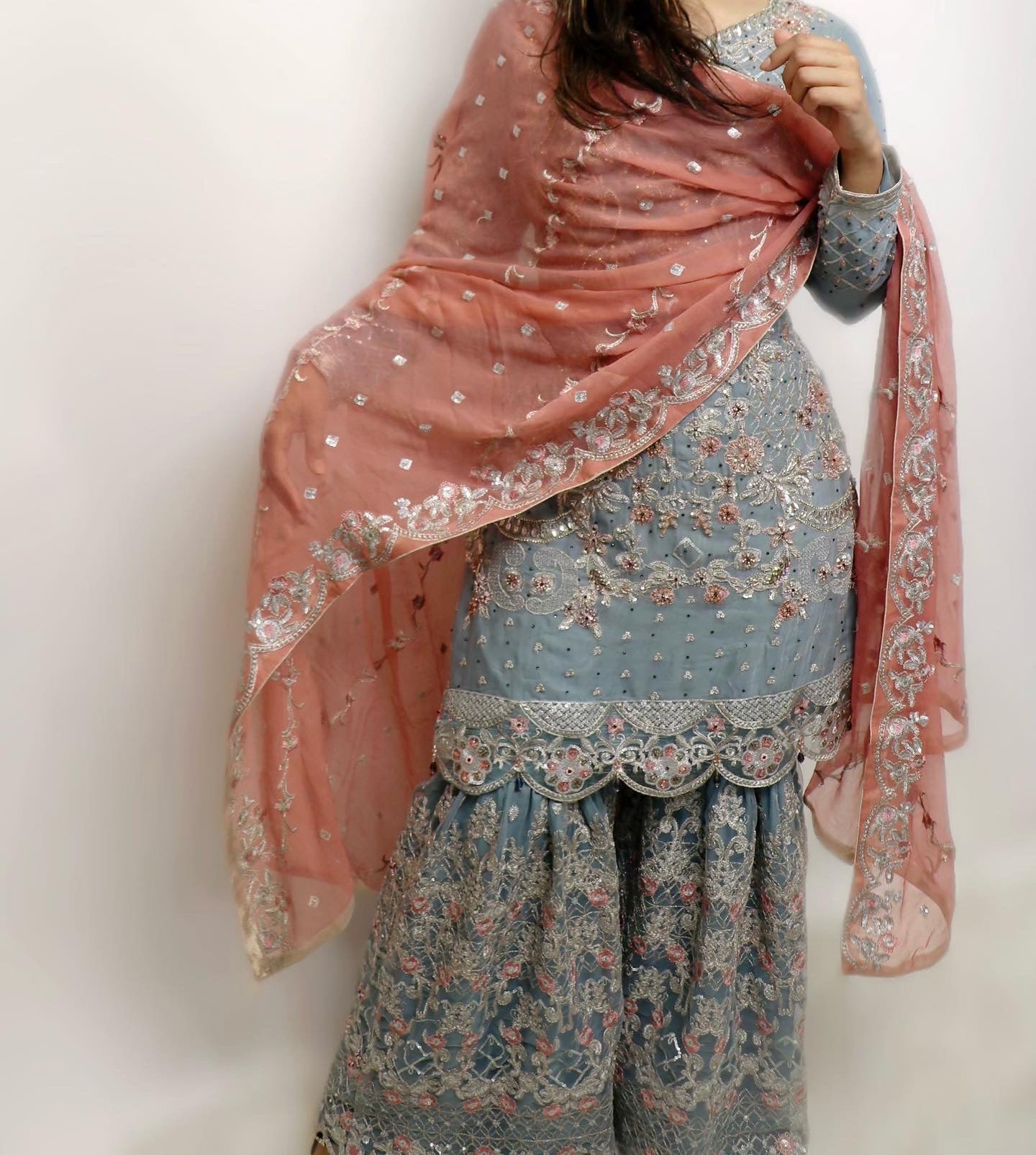 Blue & peach heavy gharara suit