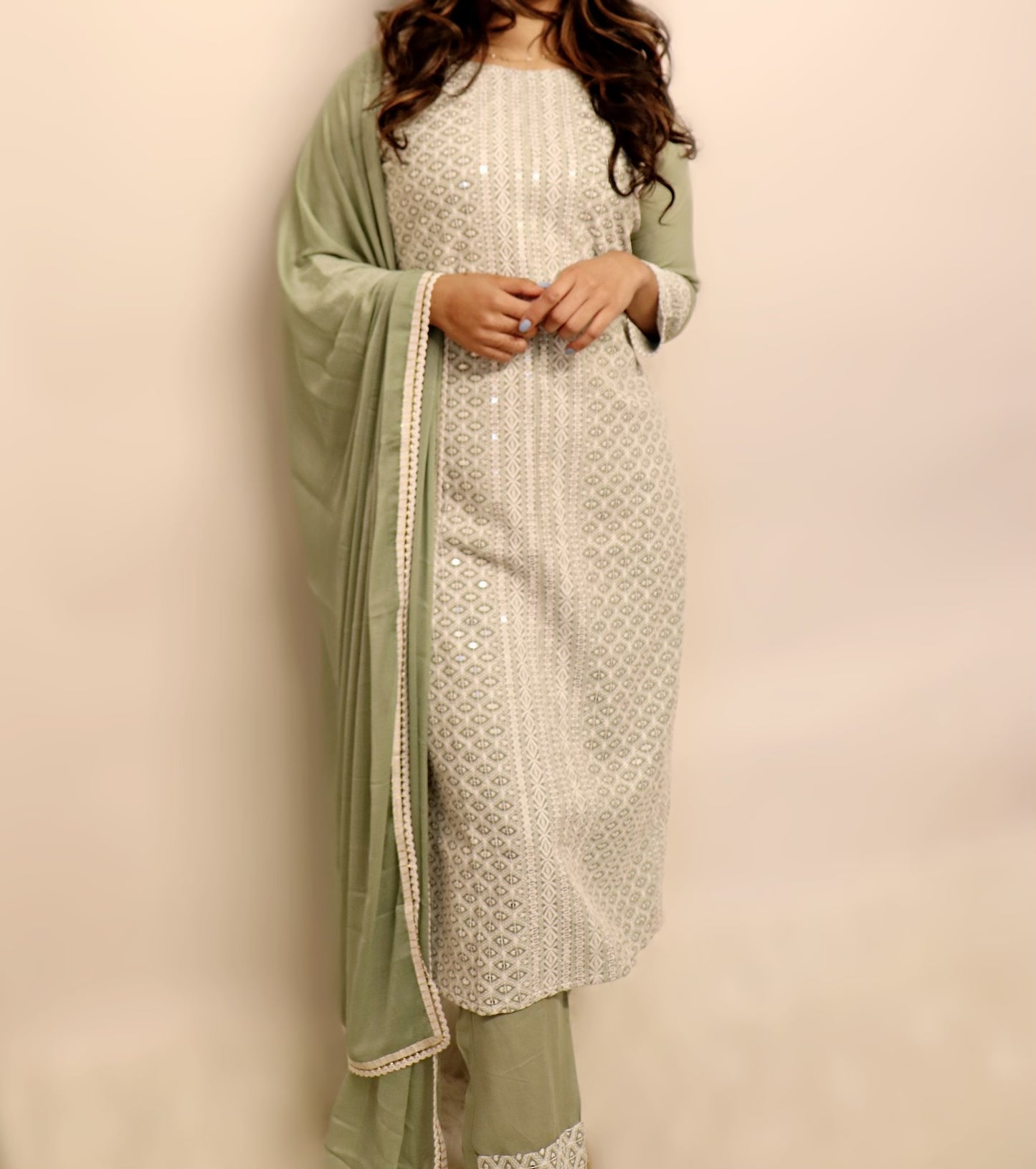 Light olive green and white three piece