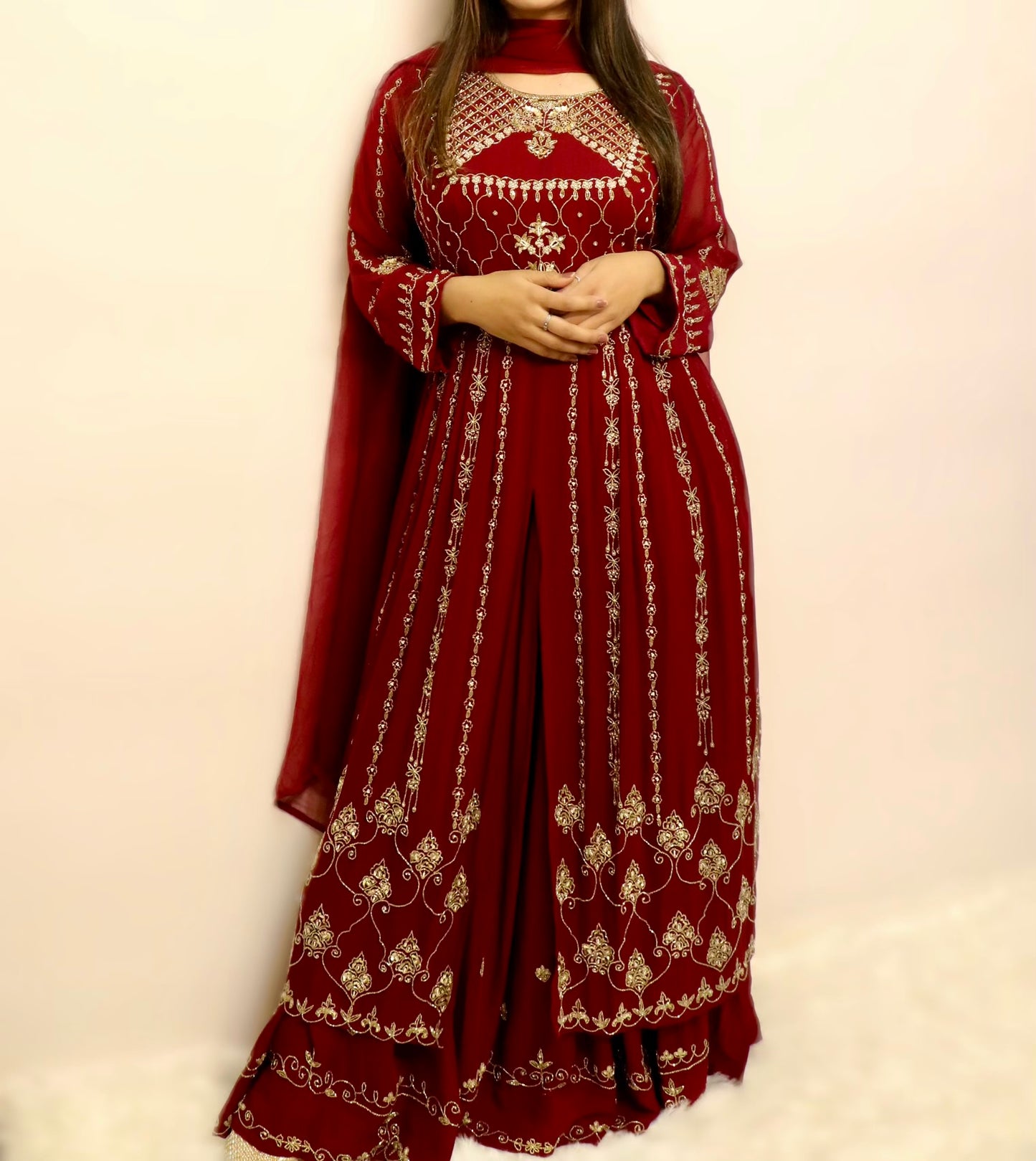 Maroon heavy beaded slit anarkali lehenga