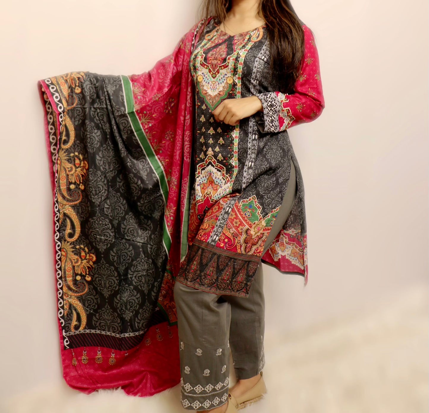 Grey and pink embroidered lawn suit