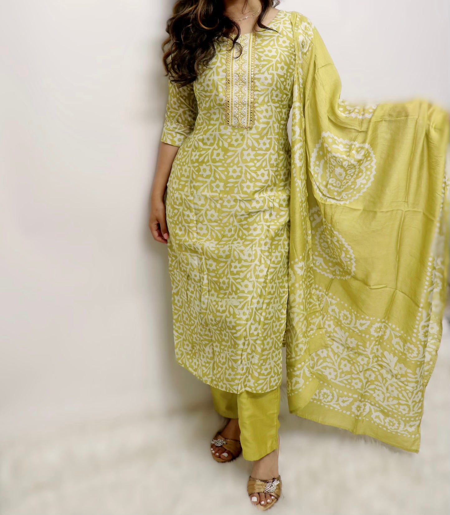 Yellow mustard muslin suit with batik duppata