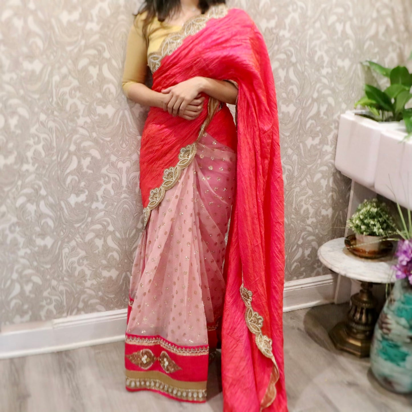 Half and half hot pink party saree - Selina Habibti Attire