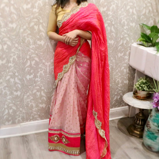 Half and half hot pink party saree - Selina Habibti Attire