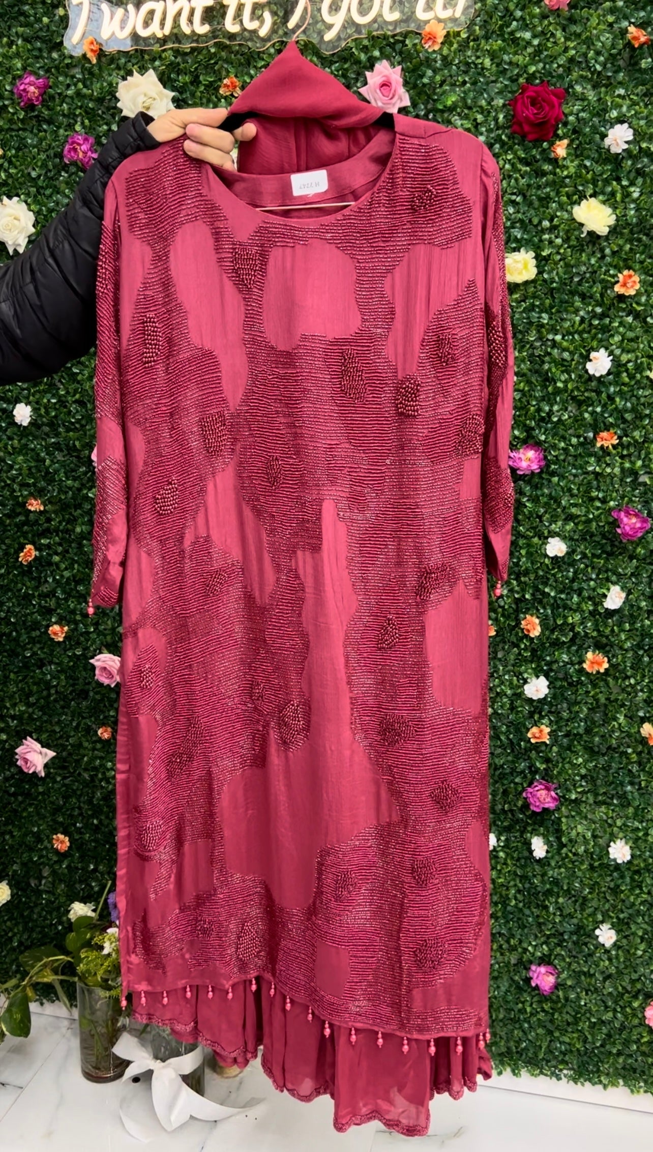 Deep mauve hand work silk suit