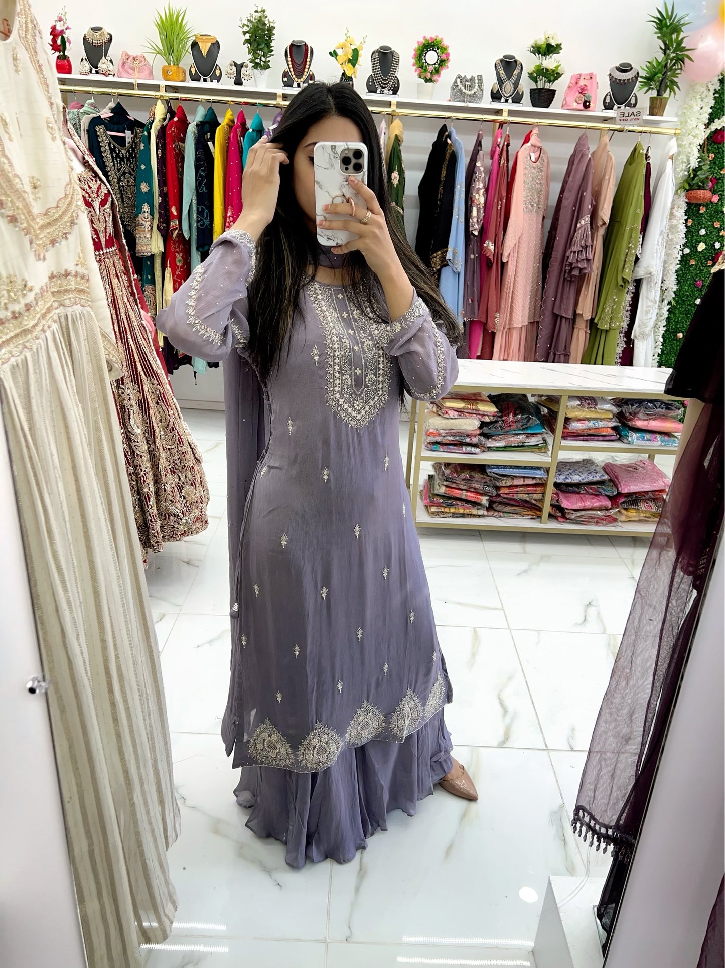 Crepe silk grey lavender naira three piece