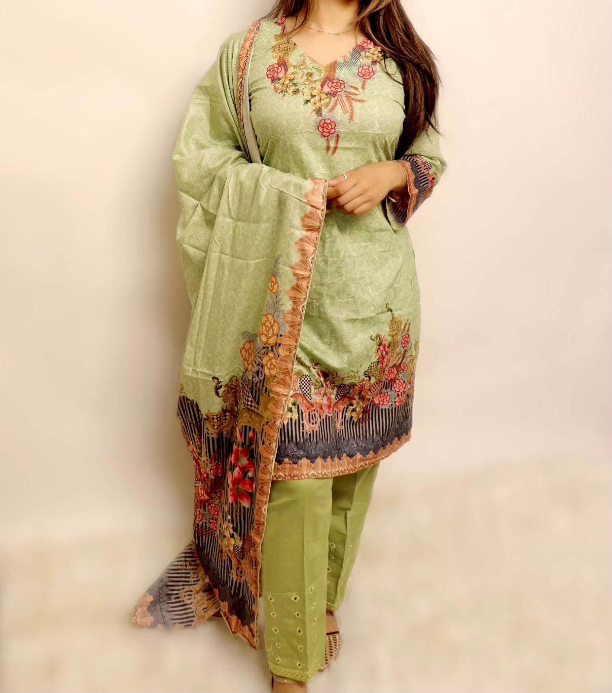 Lime green embroidered lawn suit