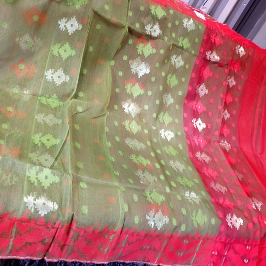 Traditional Dhaka Jamdani green and red combo