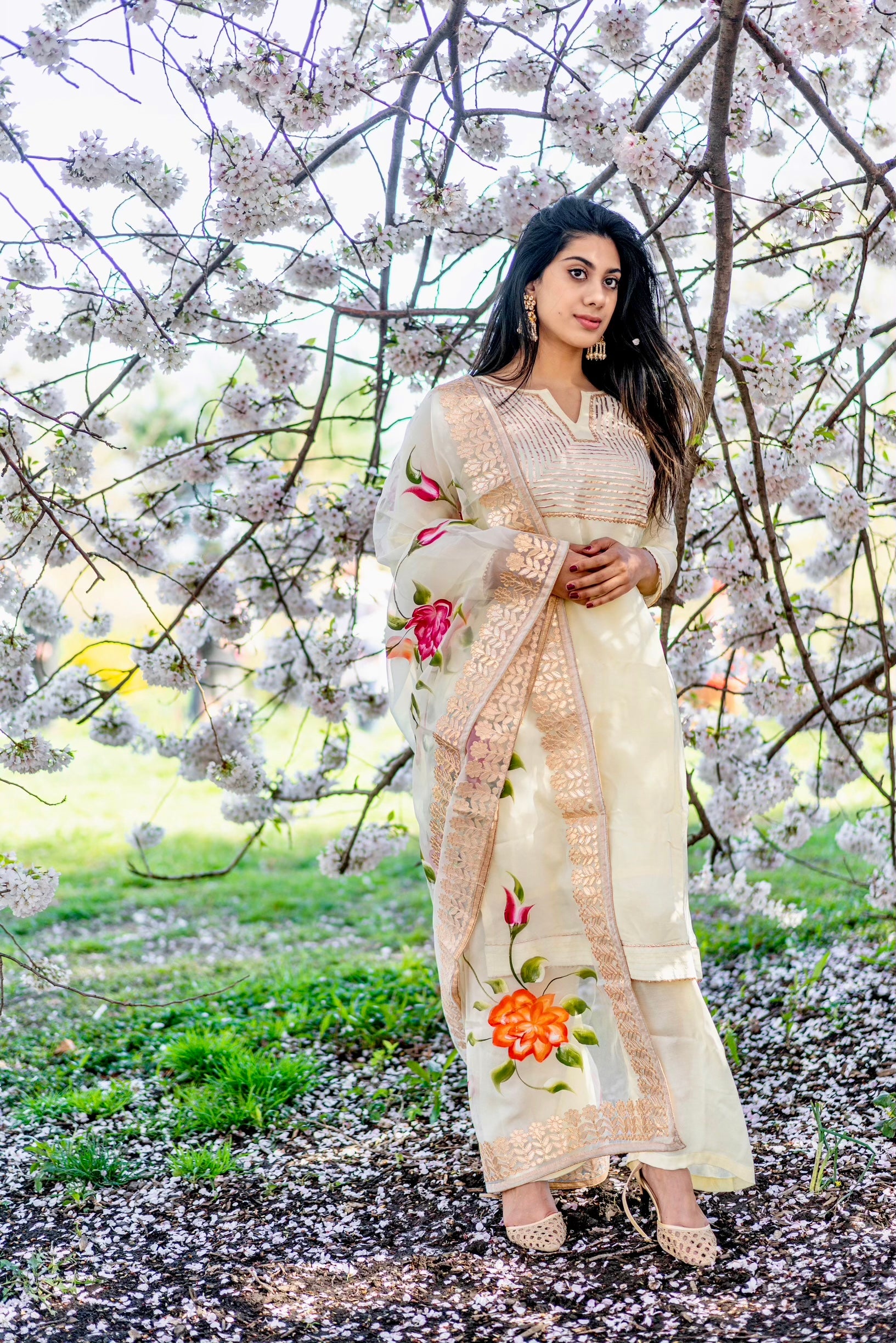 Crepe silk light yellow organza duppata set - Selina Habibti Attire