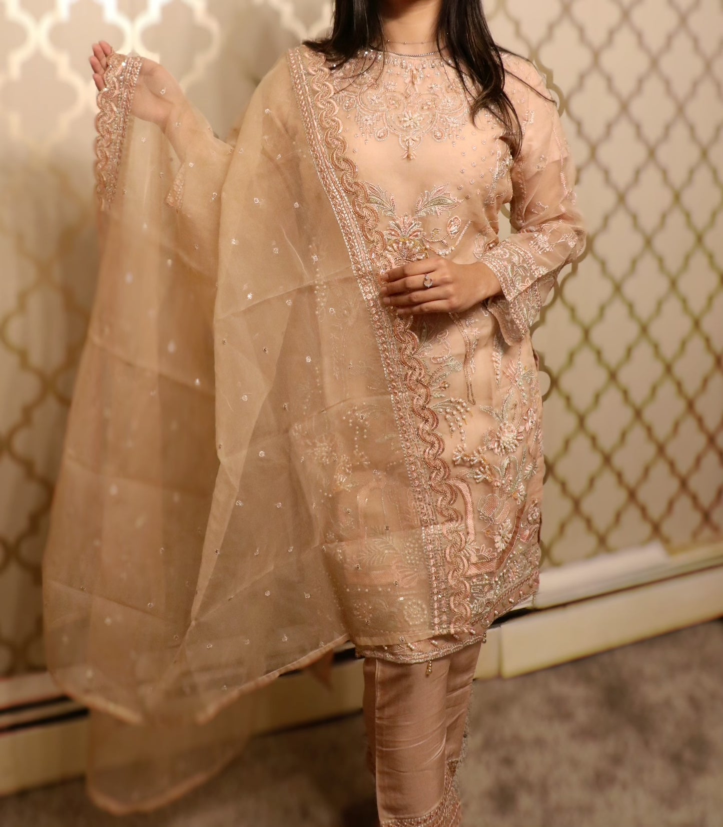 Light champagne pink organza formal suit