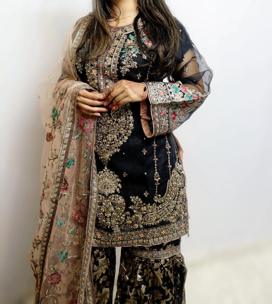 Black organza net gharara suit
