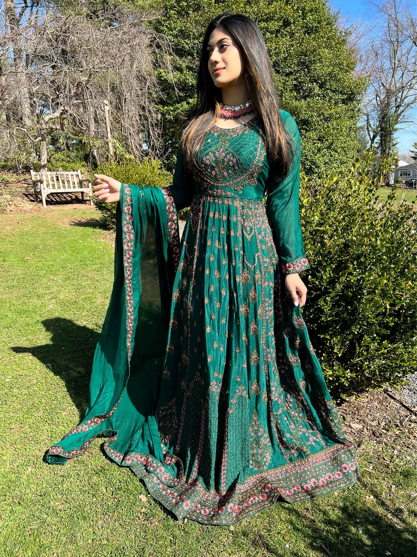 Deep emerald green party gown set