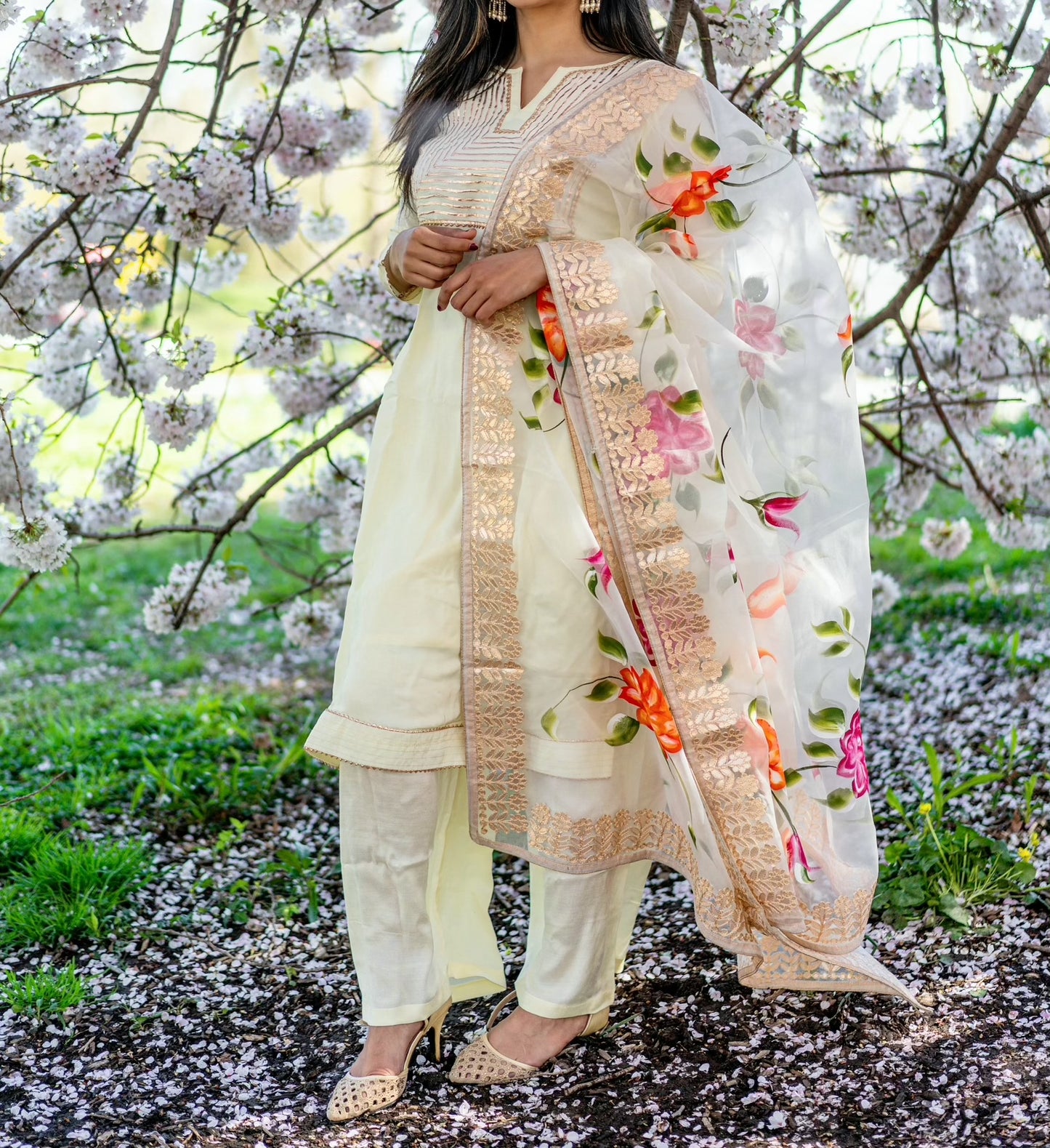 Crepe silk light yellow organza duppata set - Selina Habibti Attire