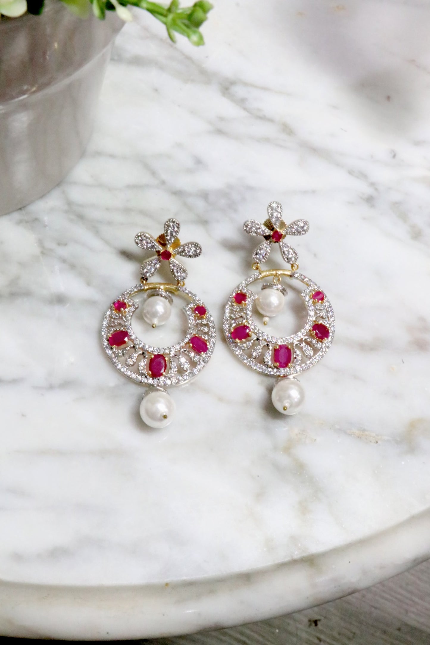 Magenta and pearl AD earrings - Selina Habibti Attire