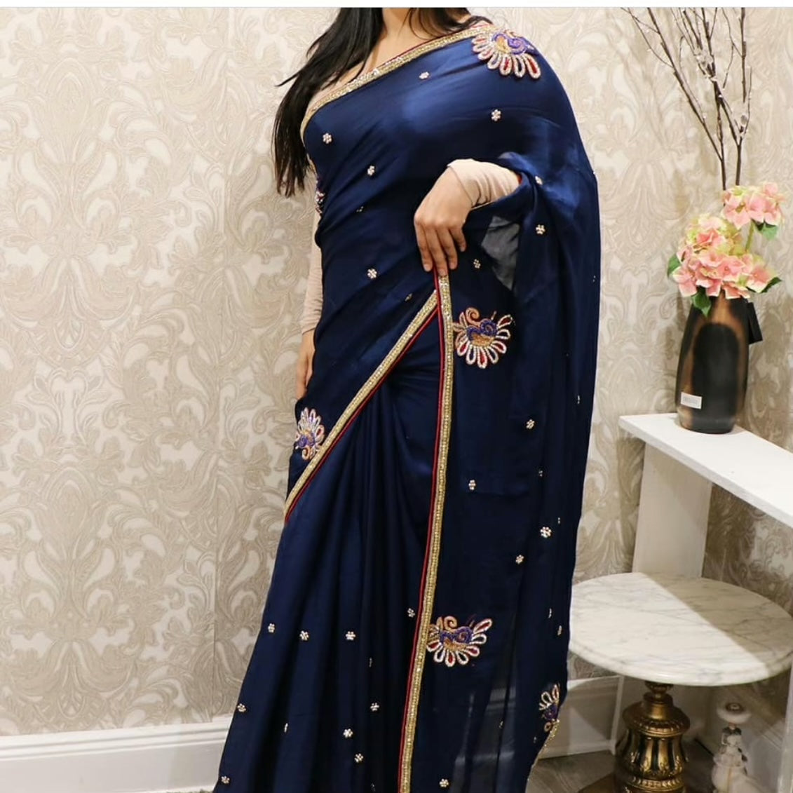Light satin silk stone work party wear saree - Selina Habibti Attire