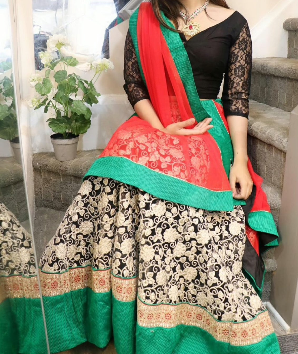 Lehenga black, green and red combo - Selina Habibti Attire