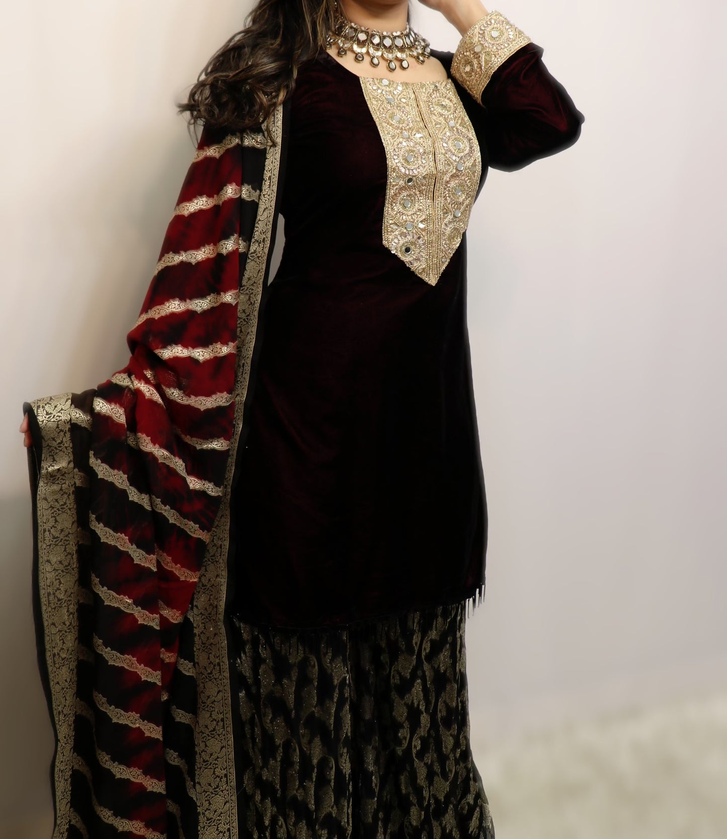 Dark maroon velvet suit with georgette banarasi