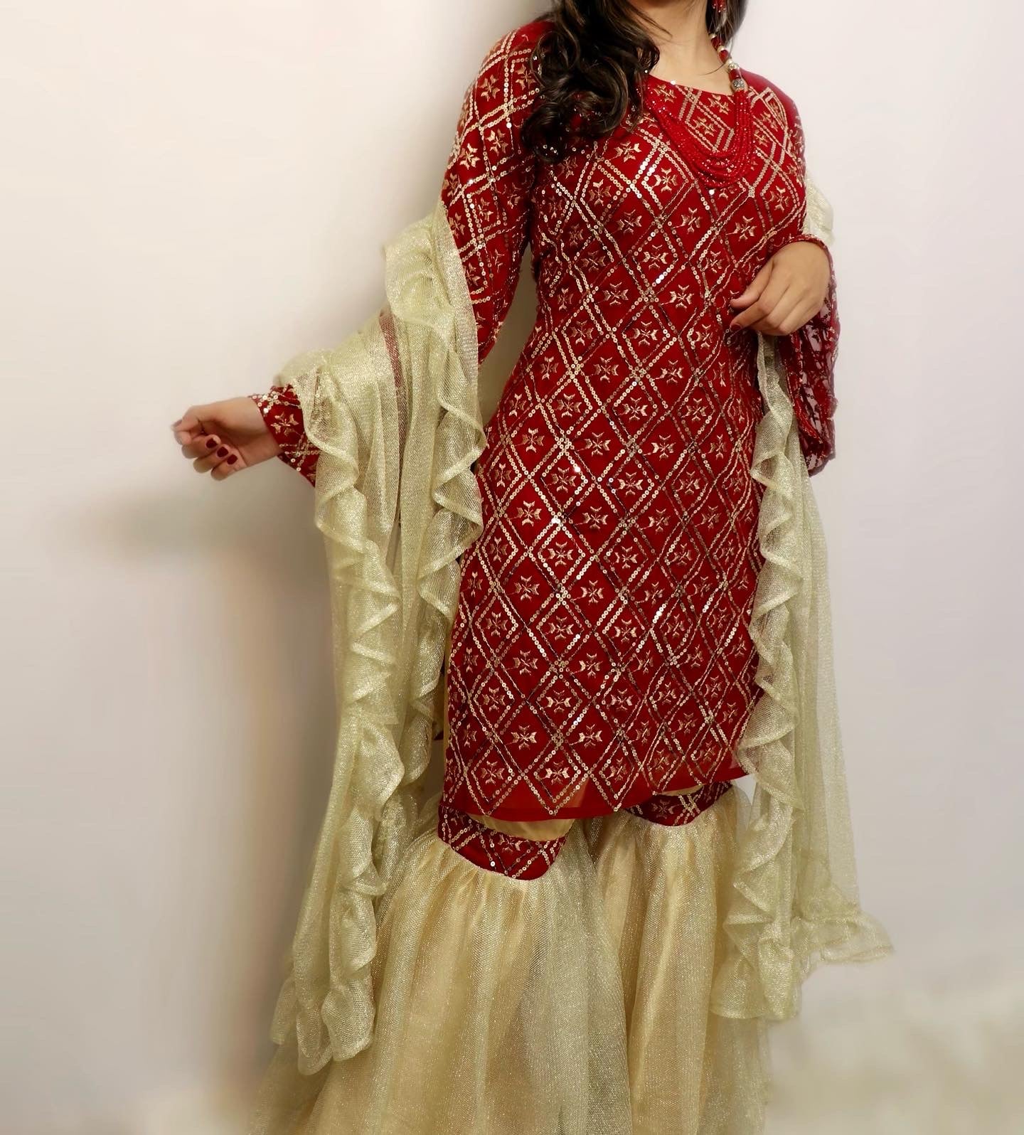 Red sequence georgette gharara suit