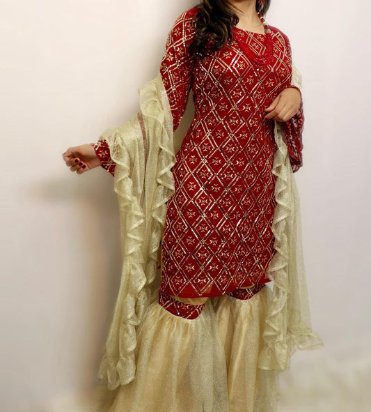 Red sequence georgette gharara suit