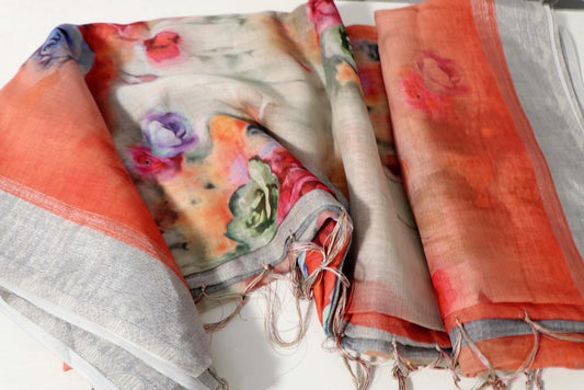 Peach floral soft muslin saree