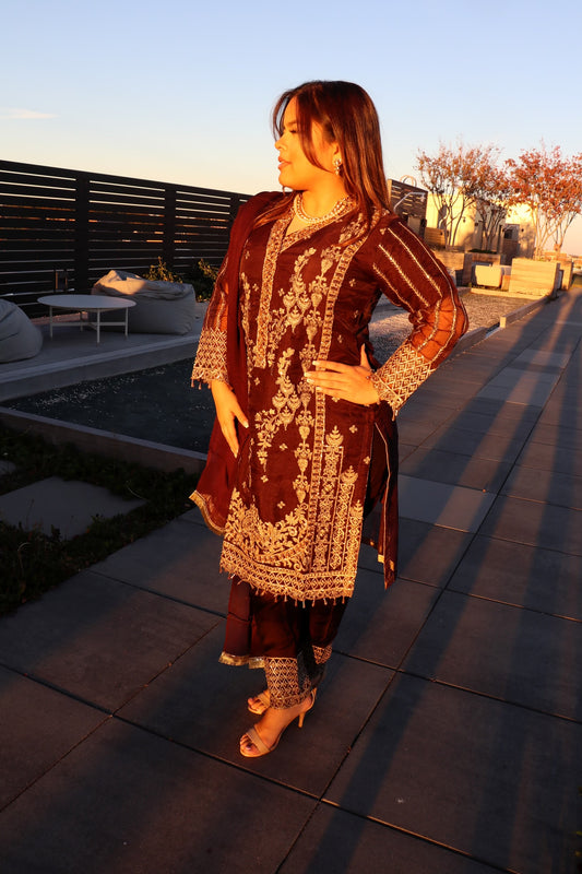 Deep plum organza party suit