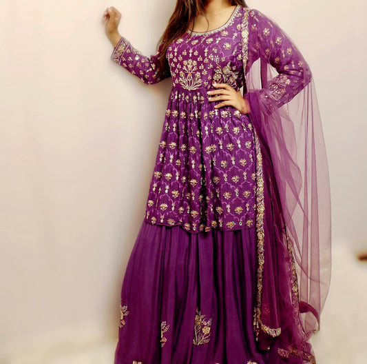 Purple and silver mirror work lehenga