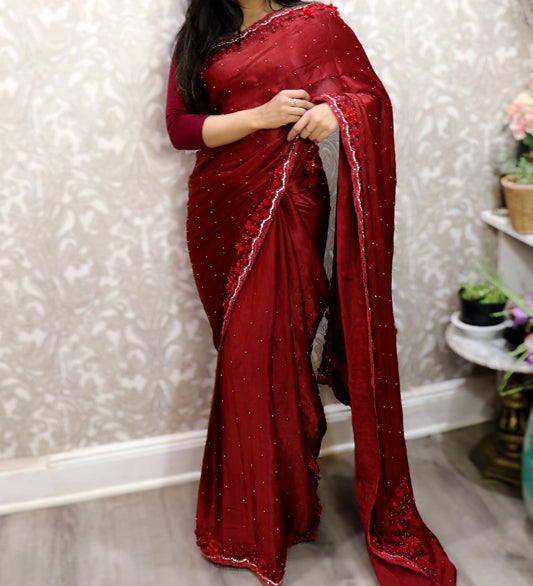 Burgundy silk party saree