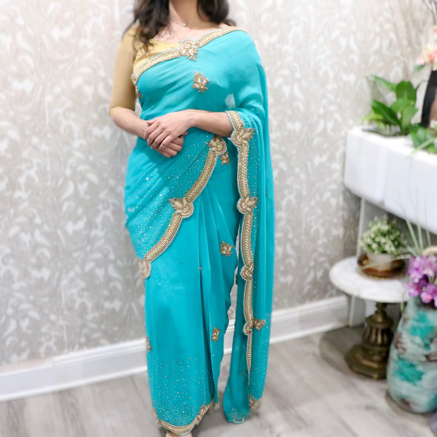 Heavy stone work party saree teal color - Selina Habibti Attire